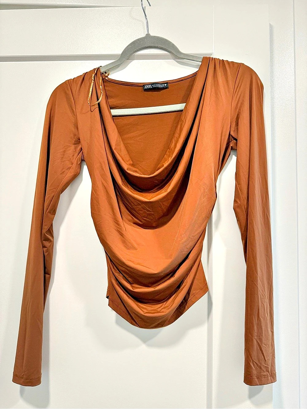 Zara Draped Long Sleeve Top in Brown Size Medium Like New
